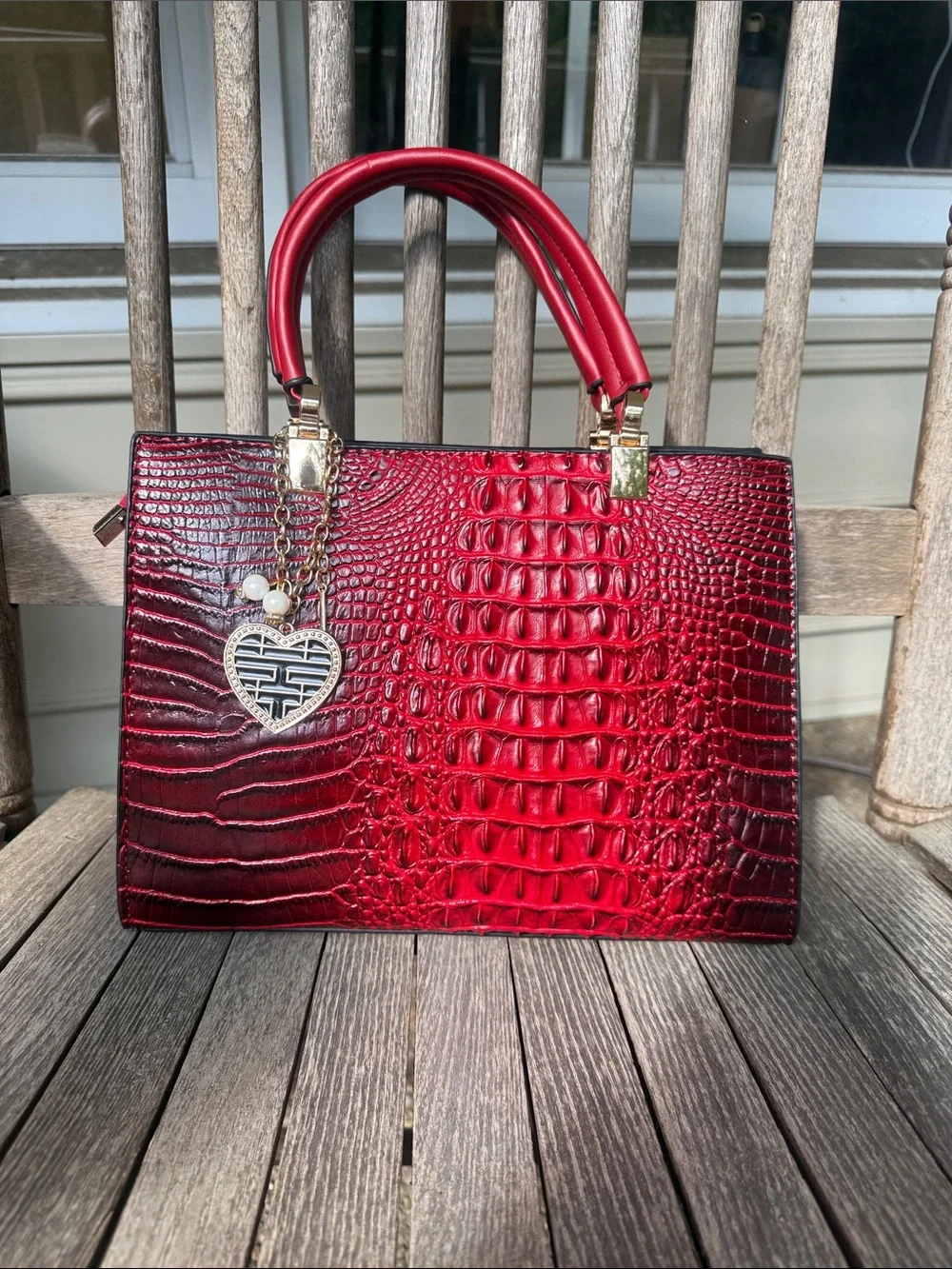 NEW Red Croc-Texture Structured Satchel with Heart Charm